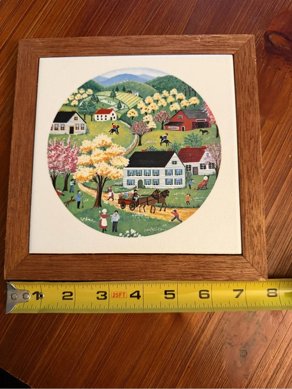 Framed Folk Art Country Scene trivet/wall art tile in a Wood Frame - Multicolori